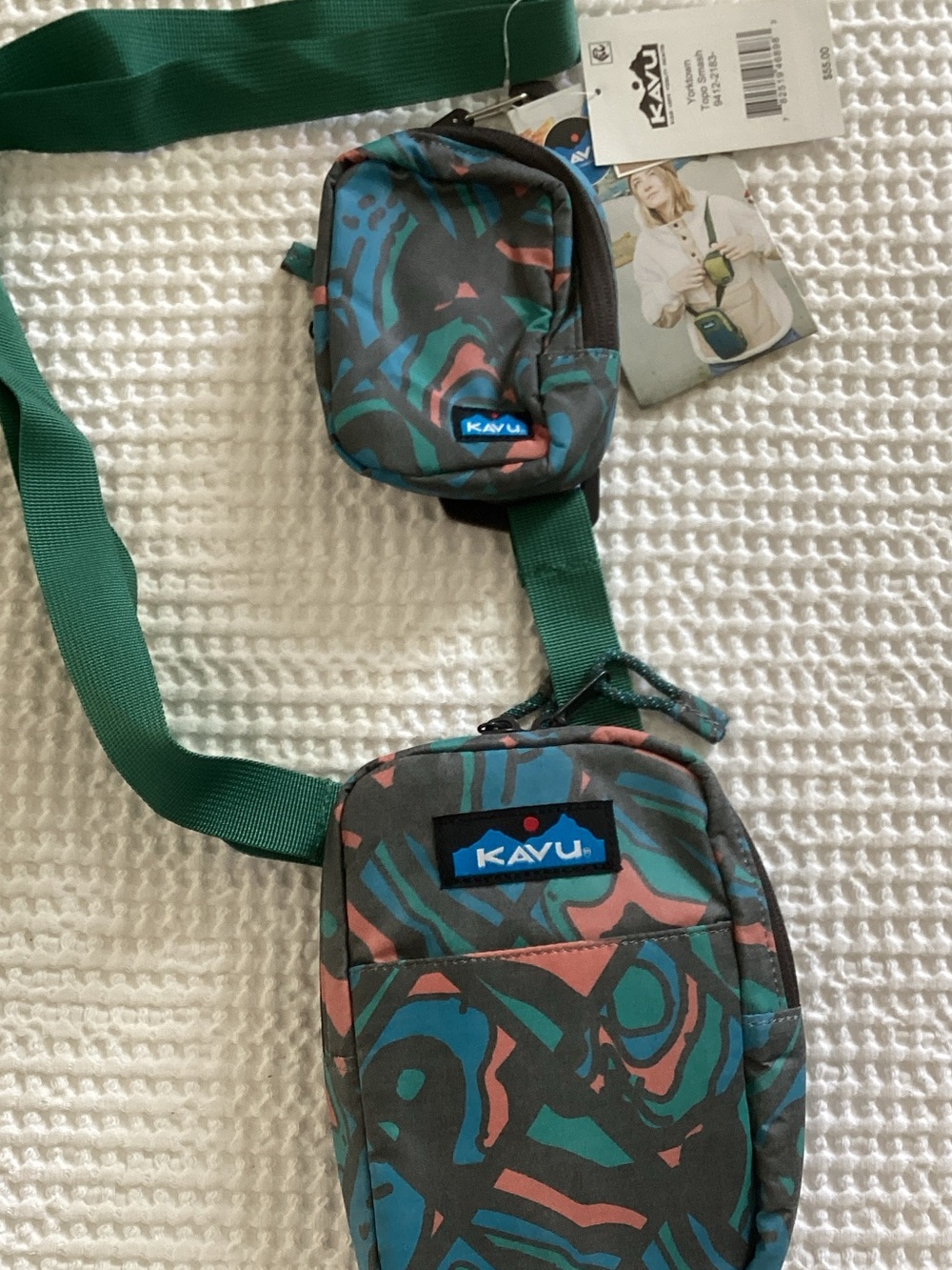 Kavu Teal, Coral & Navy Abstract Sling Bag with Green Strap